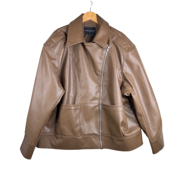 Ashley Graham Jackets & Blazers - New Ashley Graham Faux Leather Midweight Moto Jacket size 5X Light Brown